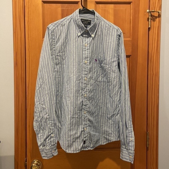 Abercrombie & Fitch Blue and Green Pinstripes Muscle Fit Long Sleeve Button-Down - Picture 2 of 4